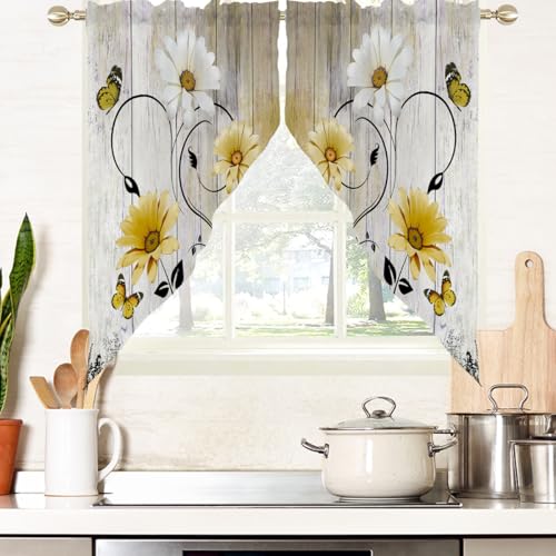 AAtter Yellow and White Floral Swag Valance for Windows 28 W x 36 L Rod Pocket Fabric Kitchen Curtains Farmhouse Window Treatment for Cafe Bathroom Decor - Image 1