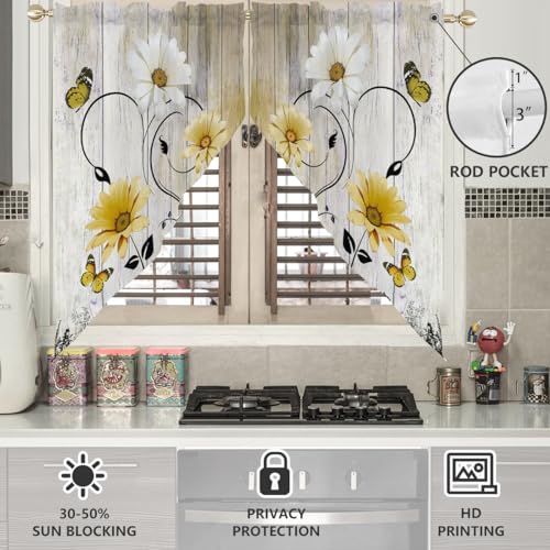 AAtter Yellow and White Floral Swag Valance for Windows 28 W x 36 L Rod Pocket Fabric Kitchen Curtains Farmhouse Window Treatment for Cafe Bathroom Decor - Image 3