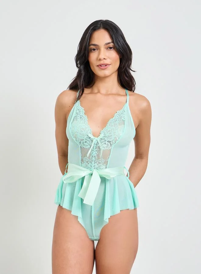 Take Two Green Lace Panel Bow Detail Bodysuit