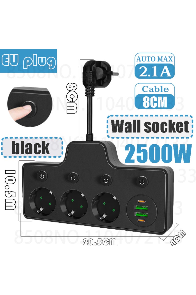 erorex EU Plug Black EU Plug Power Strip AC Outlets Multitap Electrical Wall Socket Extension Cord With USB