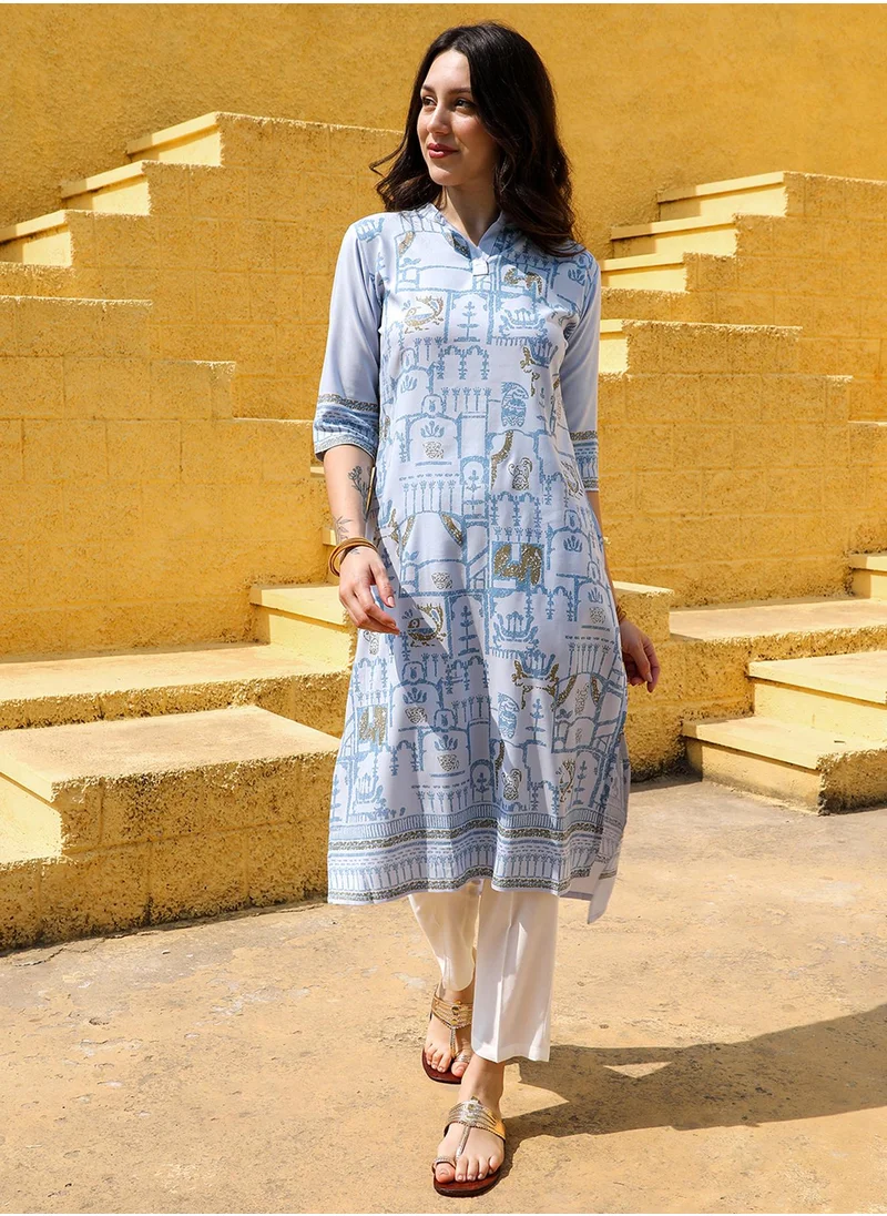 QISSA Women's Icy Blue High-Low Ethnic Print Kurta With Chalk White Trousers Set
