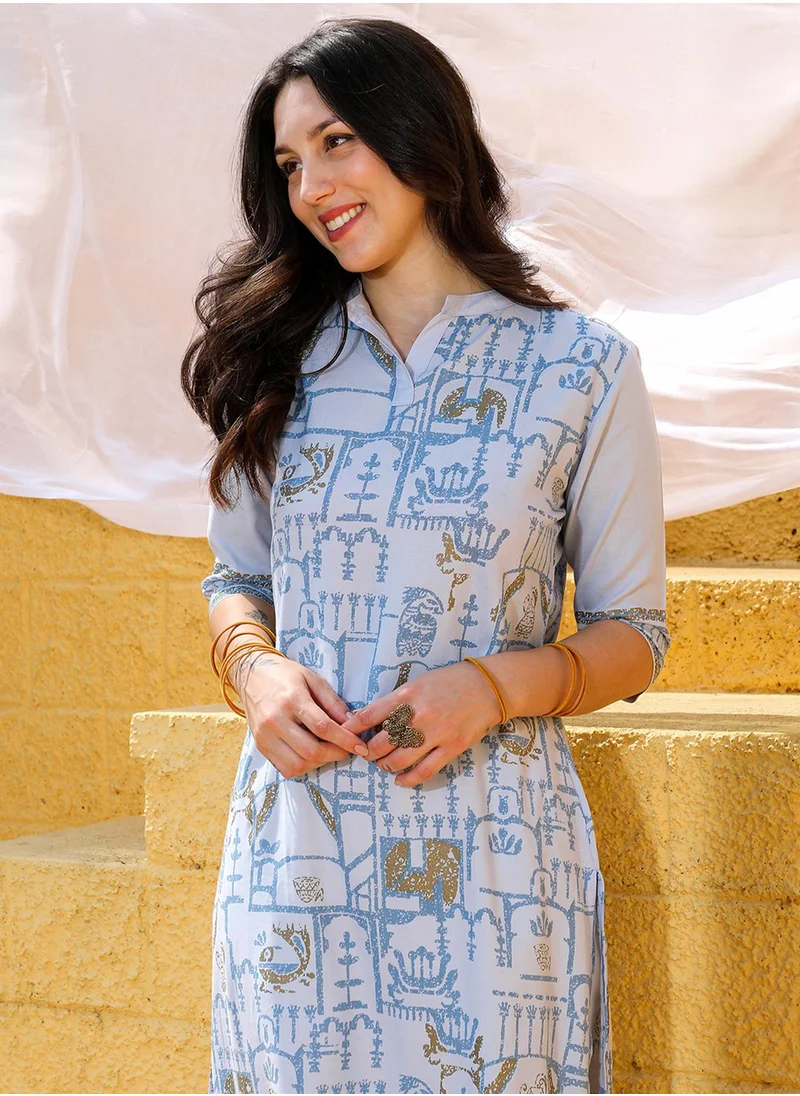 QISSA Women's Icy Blue High-Low Ethnic Print Kurta With Chalk White Trousers Set