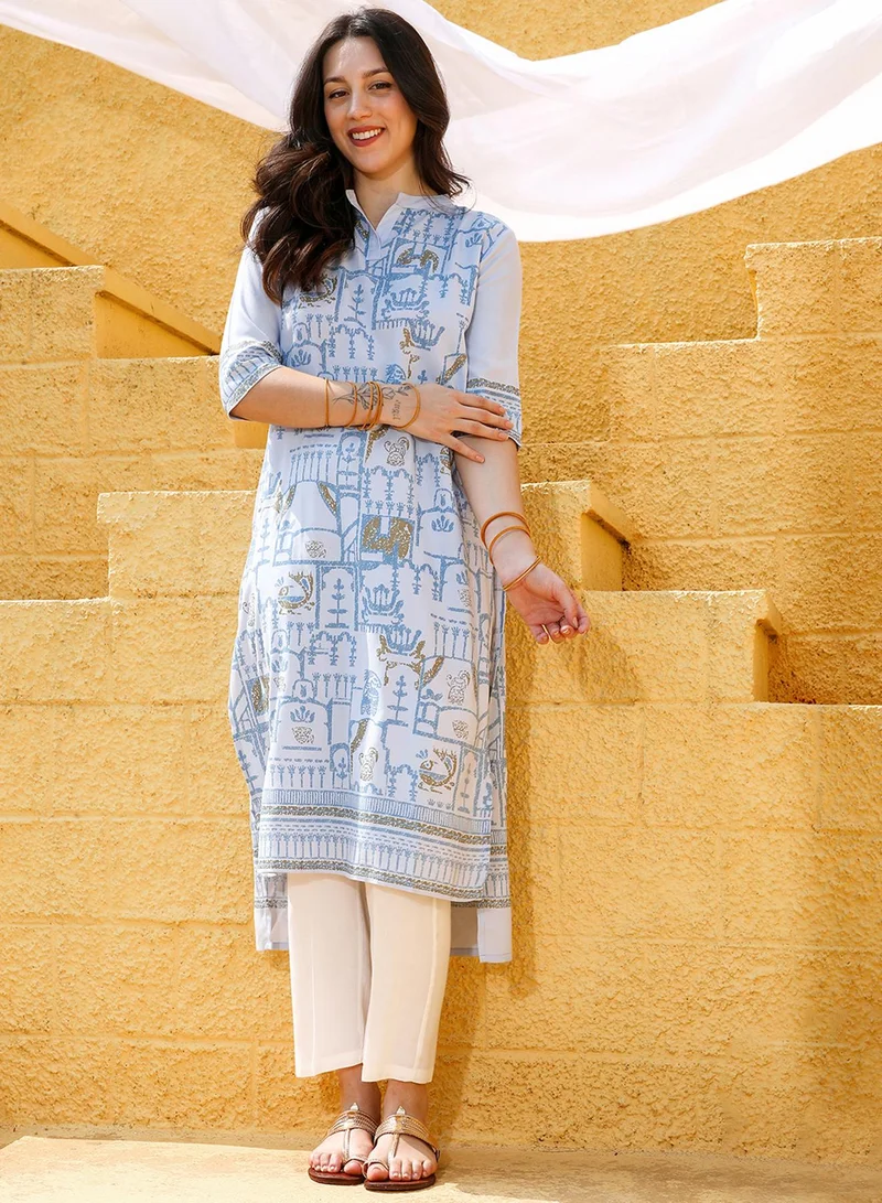  قصة Women's Icy Blue High-Low Ethnic Print Kurta With Chalk White Trousers Set