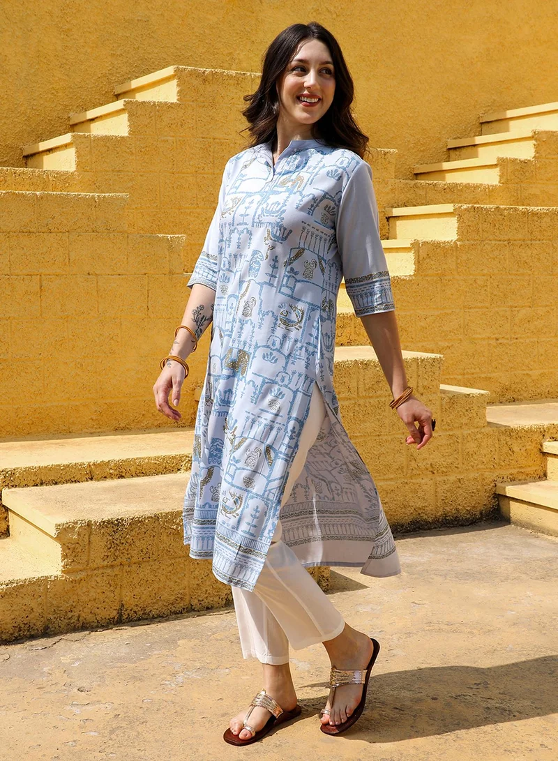  قصة Women's Icy Blue High-Low Ethnic Print Kurta With Chalk White Trousers Set