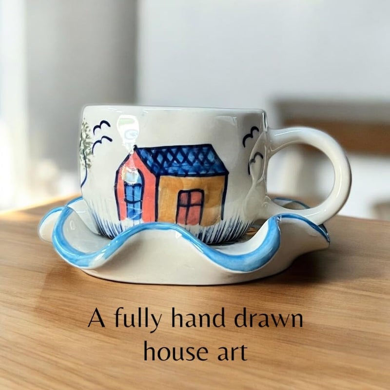 BACKKSPACE RETAIL Farm House Art Coffee Tea Milk Mug Saucer Microwave Dishwasher Safe Ceramic Tea Cup Perfect for Latte Cappuccinos Tea Bag Beverages Cream 250ml - Image 2