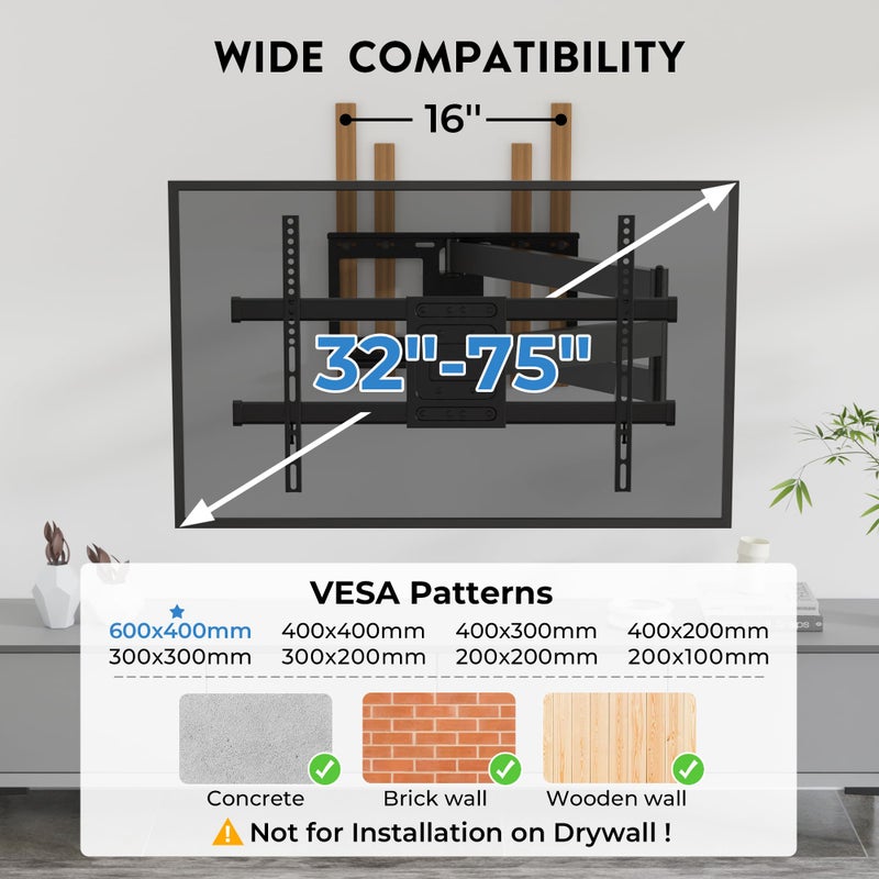 BONTEC Corner TV Wall Mount with Extra Long 40.9â€ Extension Arm for 32â€“75 Inch TVs, Holds Up to 132 lbs, Full Motion Dual Arm TV Bracket with Tilt, Swivel, Level Adjustment, Max VESA 600Ã—400mm - Image 3