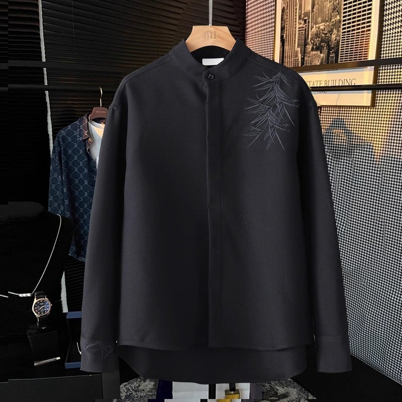 Bamboo Leaf Embroidery New Chinese Style Tang Suit Casual Vintage Chinese Style Long-Sleeved Shirt Men'S Fashionable Collar Chinese-Woof Suit - Image 2