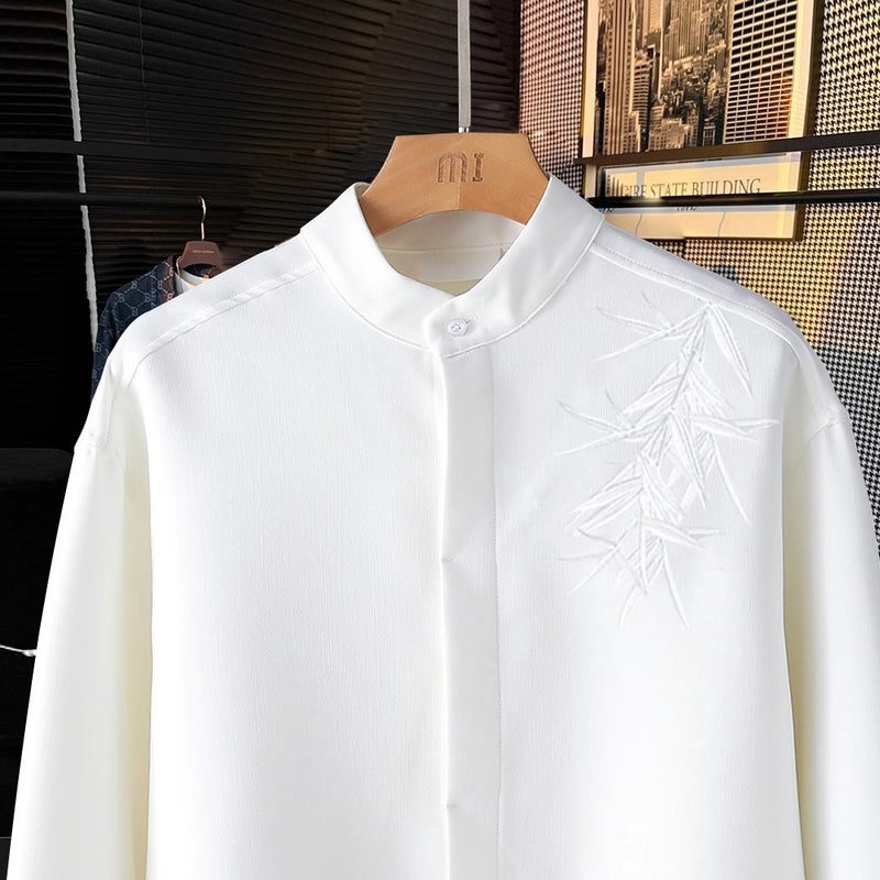 Bamboo Leaf Embroidery New Chinese Style Tang Suit Casual Vintage Chinese Style Long-Sleeved Shirt Men'S Fashionable Collar Chinese-Woof Suit - Image 4