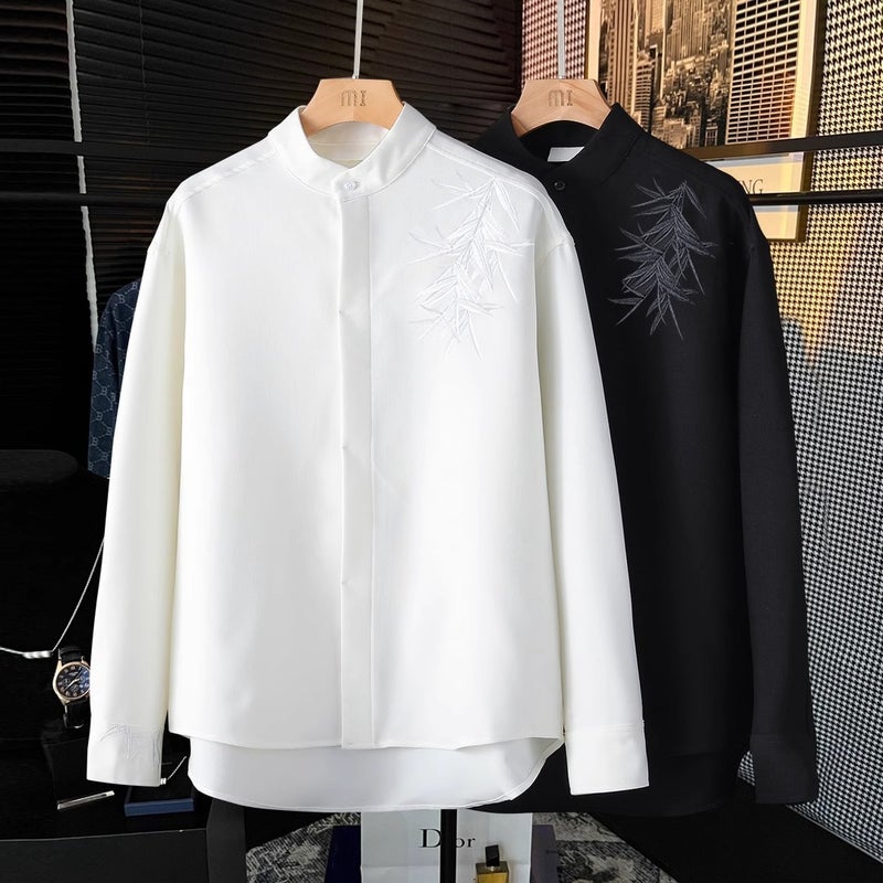 Bamboo Leaf Embroidery New Chinese Style Tang Suit Casual Vintage Chinese Style Long-Sleeved Shirt Men'S Fashionable Collar Chinese-Woof Suit - Image 3