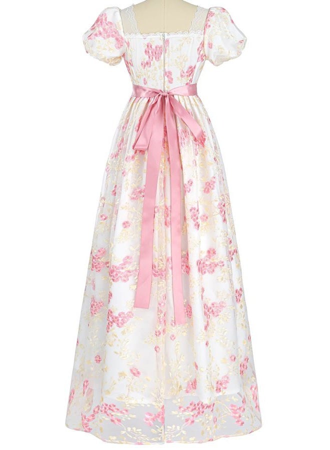FCCAM FCCAM Regency Dresses for Women Empire Waist Dress 1800s Victorian Ball Gown Regency Era Dress Pink M - Image 3