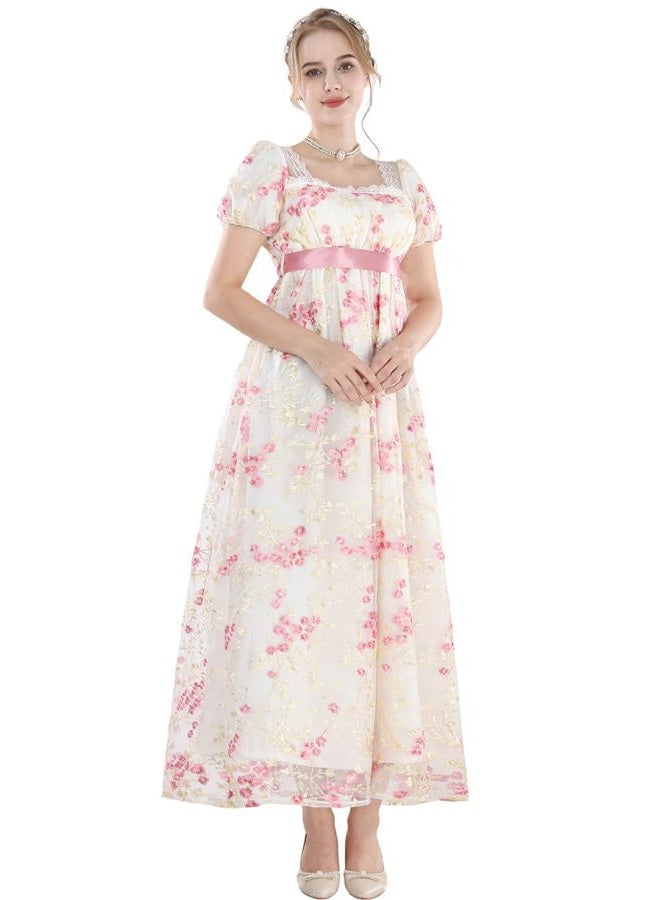 FCCAM FCCAM Regency Dresses for Women Empire Waist Dress 1800s Victorian Ball Gown Regency Era Dress Pink M - Image 2