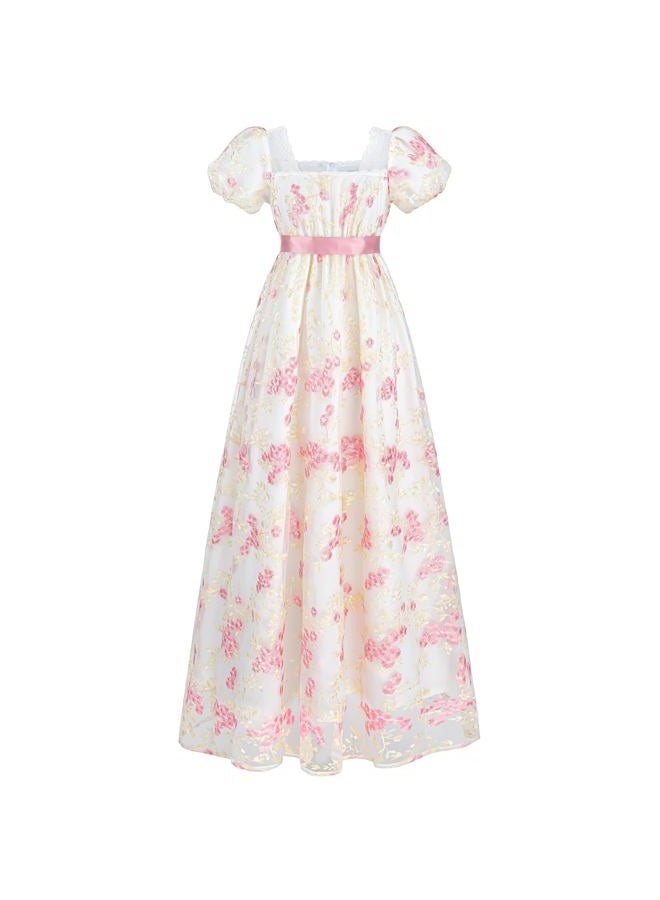 FCCAM FCCAM Regency Dresses for Women Empire Waist Dress 1800s Victorian Ball Gown Regency Era Dress Pink M - Image 1