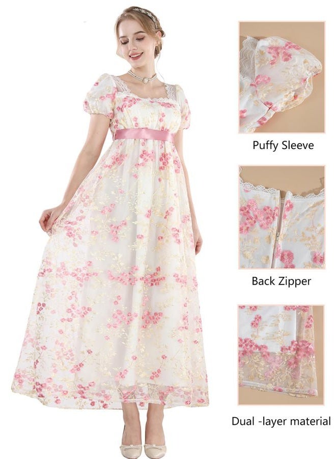 FCCAM FCCAM Regency Dresses for Women Empire Waist Dress 1800s Victorian Ball Gown Regency Era Dress Pink M - Image 4