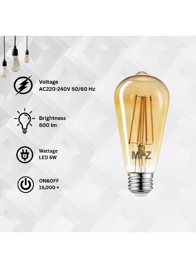 MFZ Vintage LED Filament Bulbs – 6W, 2700K Warm White, AC220–240V, 600 Lumens – Set of 5 Pieces - Image 3