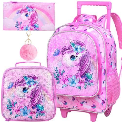 KLFVB Rolling Backpack for Girls, Kids Roller Wheels School Bookbag with Lunch Bag, Wheeled School Bag for Children - Unicorn - Image 1