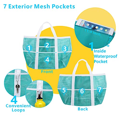 F-color Mesh Beach Bag for Family, Large Beach Tote 9 Pockets Tote Bag for Cruise Travel, Vacation Essentials, Mint Green - Image 3
