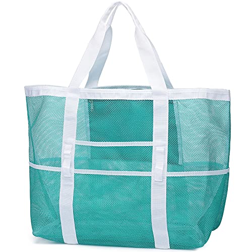 F-color Mesh Beach Bag for Family, Large Beach Tote 9 Pockets Tote Bag for Cruise Travel, Vacation Essentials, Mint Green - Image 1