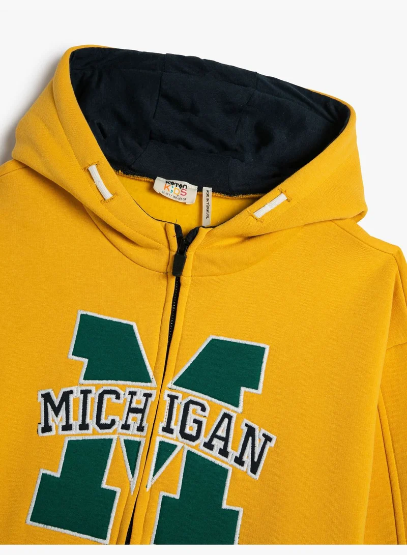 KOTON Zipper Hooded Sweatshirt Embroidered Brushed Interior Cotton