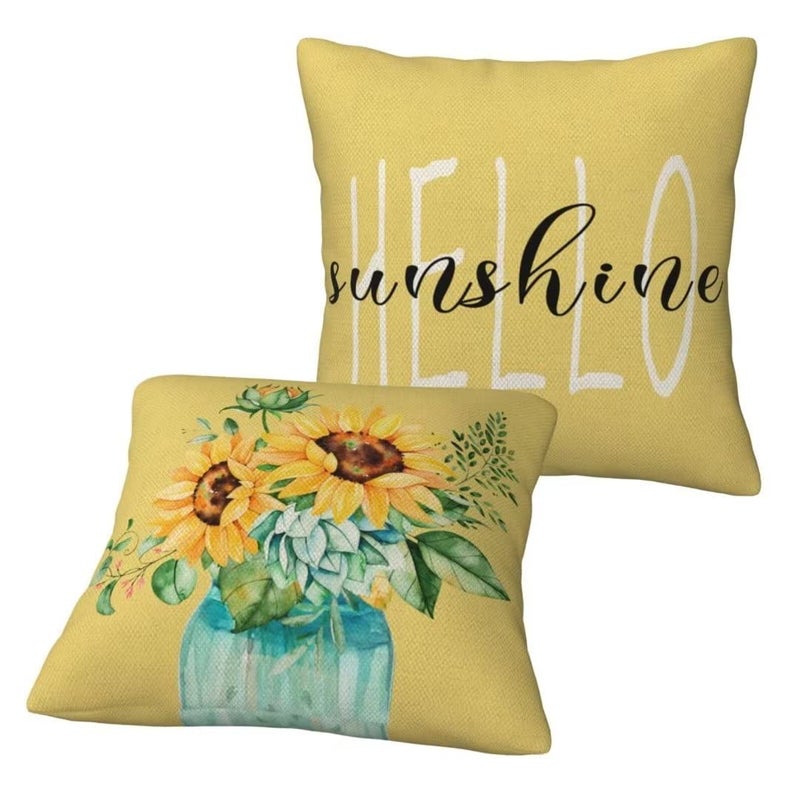Sunshineyan Hello Sunshine Pillow Cover 20x20 مجموعة من مزرعة مزرعة صفراء الربيع الصيفي أغطية وسادة الربيع للألوان المائية عباد الشمس ووسادة Cashion Case Gifors لأريكة الأريكة المنزلية في الهواء الطلق في الهواء الطلق - Image 2