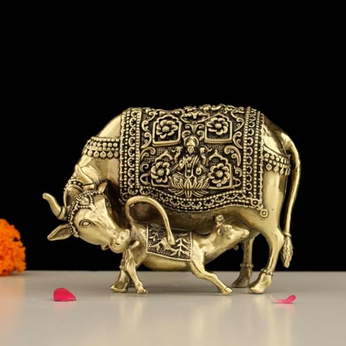 INDICAST Handcrafted Brass Cow with Calf for Good Luck | 3" Kamdhenu Gau MATA Idol Spiritual Vastu Nandi Pooja Figurine Sculpture for Home and Office (Weight- 210gm) - Image 1