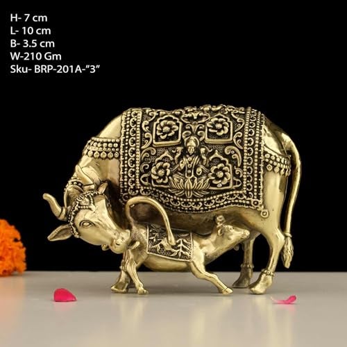 INDICAST Handcrafted Brass Cow with Calf for Good Luck | 3" Kamdhenu Gau MATA Idol Spiritual Vastu Nandi Pooja Figurine Sculpture for Home and Office (Weight- 210gm) - Image 2