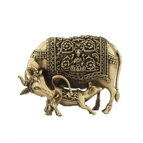 INDICAST Handcrafted Brass Cow with Calf for Good Luck | 3" Kamdhenu Gau MATA Idol Spiritual Vastu Nandi Pooja Figurine Sculpture for Home and Office (Weight- 210gm) - Image 3