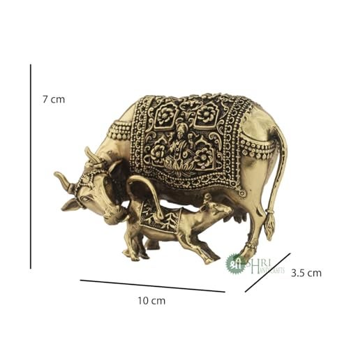 INDICAST Handcrafted Brass Cow with Calf for Good Luck | 3" Kamdhenu Gau MATA Idol Spiritual Vastu Nandi Pooja Figurine Sculpture for Home and Office (Weight- 210gm) - Image 4