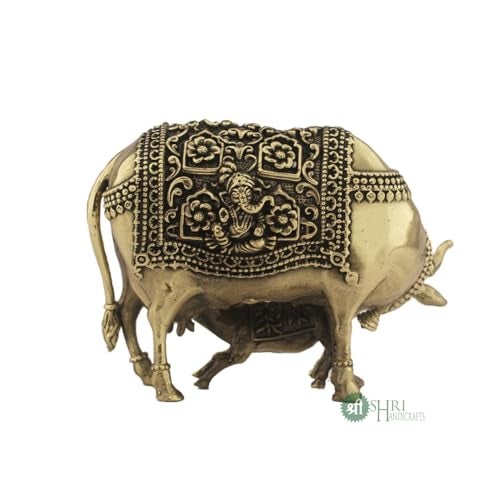 INDICAST Handcrafted Brass Cow with Calf for Good Luck | 3" Kamdhenu Gau MATA Idol Spiritual Vastu Nandi Pooja Figurine Sculpture for Home and Office (Weight- 210gm) - Image 5