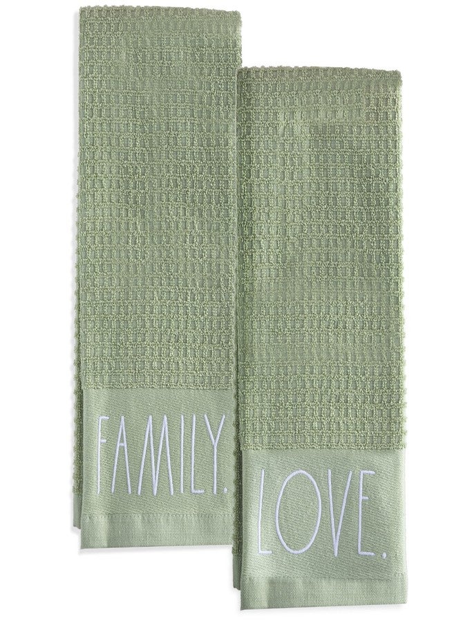 Rae Dunn Set of Hand Towels for Kitchen and Bathroom, 100% Cotton, Embroidered Dish Towels, Decorative Hand Towels, Sage- Love/Family, 2 Pack - Image 1