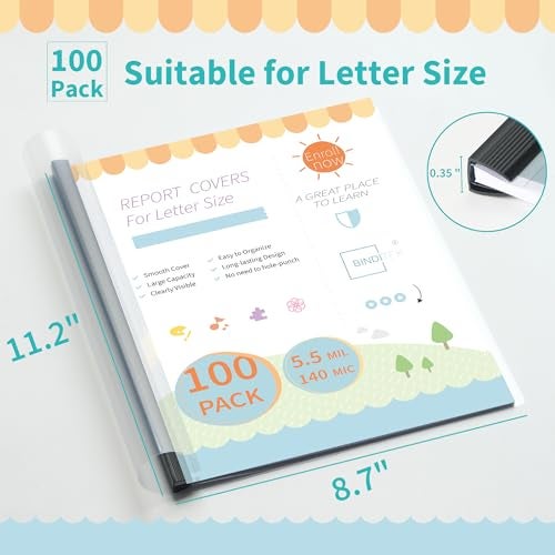 Binditek 100 Pack Clear Report Covers with Black Sliding Bars, 70 Sheet Capacity, 9mm Binding Bars, Letter Size, 5.5 Mil Thick, Black, for Students and Coworkers - Image 2