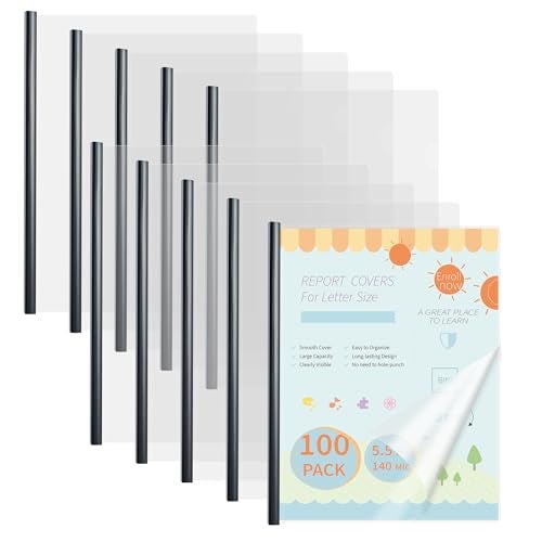 Binditek 100 Pack Clear Report Covers with Black Sliding Bars, 70 Sheet Capacity, 9mm Binding Bars, Letter Size, 5.5 Mil Thick, Black, for Students and Coworkers - Image 1