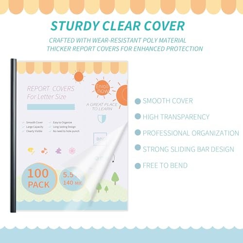 Binditek 100 Pack Clear Report Covers with Black Sliding Bars, 70 Sheet Capacity, 9mm Binding Bars, Letter Size, 5.5 Mil Thick, Black, for Students and Coworkers - Image 3