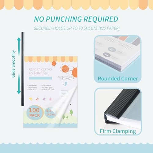 Binditek 100 Pack Clear Report Covers with Black Sliding Bars, 70 Sheet Capacity, 9mm Binding Bars, Letter Size, 5.5 Mil Thick, Black, for Students and Coworkers - Image 5