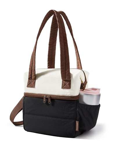 BAGSMART Double Deck Lunch Bag Women Insulated Reusable Lunch Box Quilted Puffer Lunch Tote with Shoulder Strap Durable Large Lunch Cooler For Work Picnic Travel Meal Prep Flight Beige Black - Image 1
