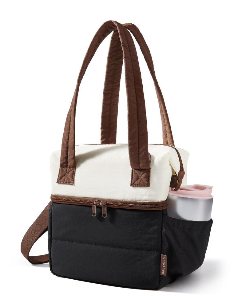 BAGSMART Double Deck Lunch Bag Women Insulated Reusable Lunch Box Quilted Puffer Lunch Tote with Shoulder Strap Durable Large Lunch Cooler For Work Picnic Travel Meal Prep Flight Beige Black - Image 2