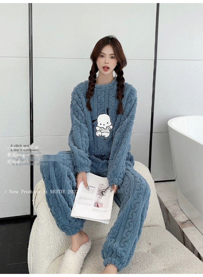 Women's Thick Coral Fleece Pajamas Set, Stylish Long Loose Cardigan for Fall and Winter