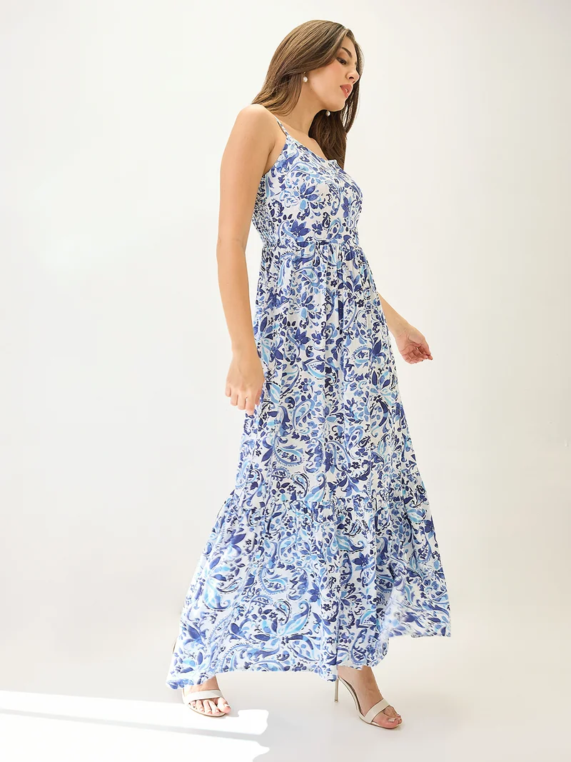 جلو باص فستان ماكسي نسائي بطبعة بيزلي ورقبة على شكل حرف  وأكمام رفيعة وطبقات بقصة واسعة