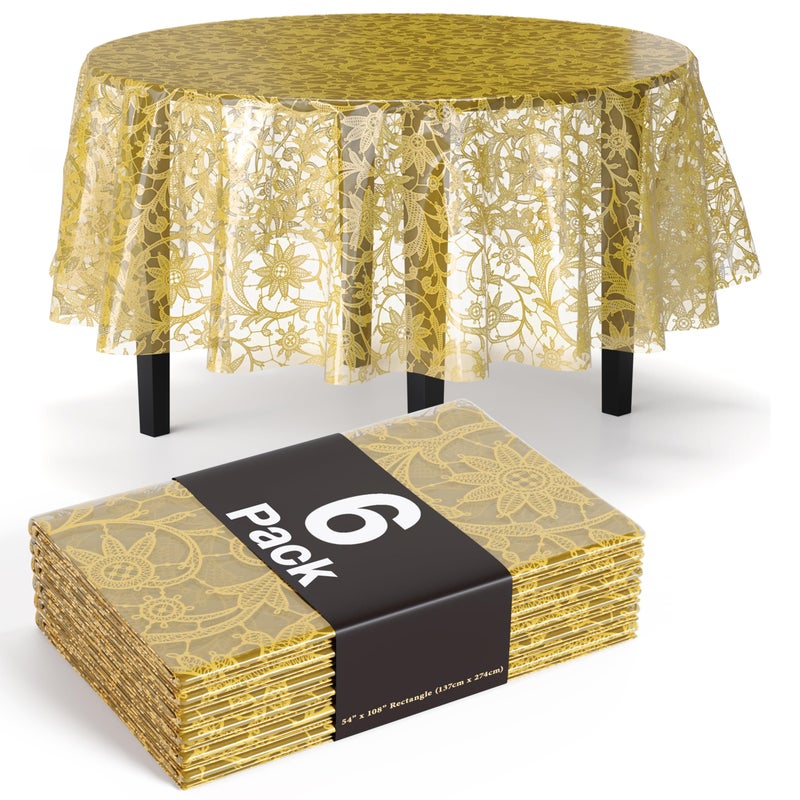 Exquisite Lace Table Cloth Round Table Plastic 6-Pack Lace Tablecloth Round 84" | Clear & Gold Floral Tablecloth Disposable | Wild Flower Party Decorations & Party Supplies - Image 1