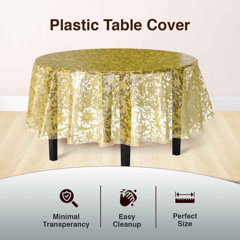 Exquisite Lace Table Cloth Round Table Plastic 6-Pack Lace Tablecloth Round 84" | Clear & Gold Floral Tablecloth Disposable | Wild Flower Party Decorations & Party Supplies - Image 2