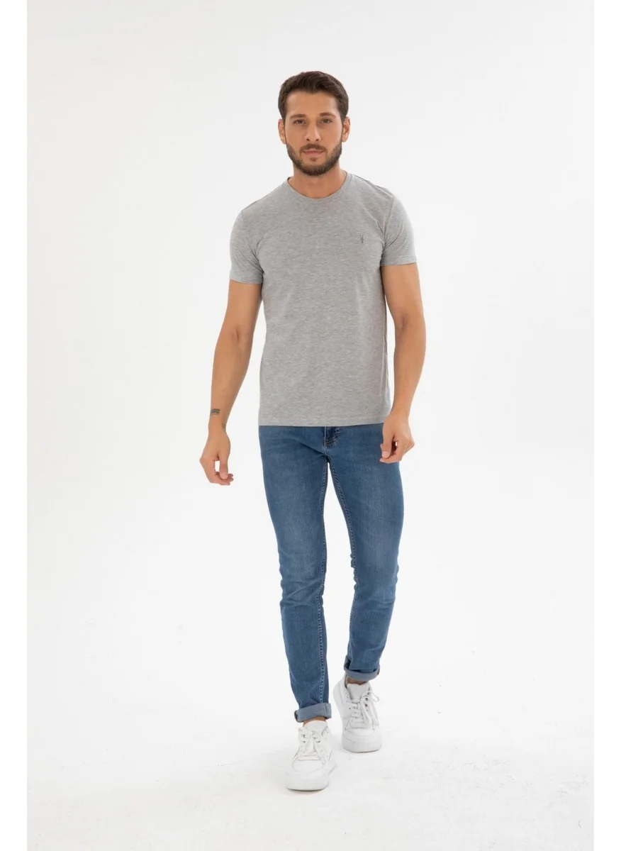 Four Man Men's Grey Crew Neck Cotton Relaxed Fit T-Shirt