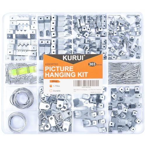 KURUI 303Pcs Picture Hanging Kit, Picture Hangers Assorted Kit with Heavy Duty Wall Hooks, Sawtooth, Picture Wire, D Rings, Hardware Nails, Eye Hooks, Silver Heavy Duty Frame Hooks - Image 1