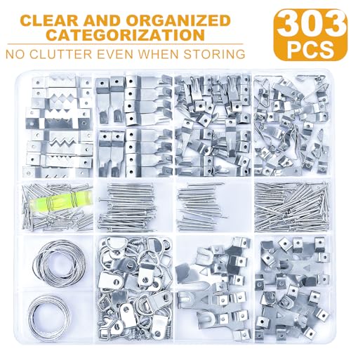 KURUI 303Pcs Picture Hanging Kit, Picture Hangers Assorted Kit with Heavy Duty Wall Hooks, Sawtooth, Picture Wire, D Rings, Hardware Nails, Eye Hooks, Silver Heavy Duty Frame Hooks - Image 2