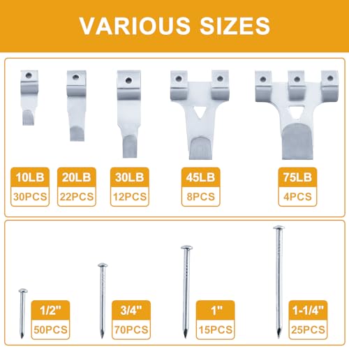 KURUI 303Pcs Picture Hanging Kit, Picture Hangers Assorted Kit with Heavy Duty Wall Hooks, Sawtooth, Picture Wire, D Rings, Hardware Nails, Eye Hooks, Silver Heavy Duty Frame Hooks - Image 5