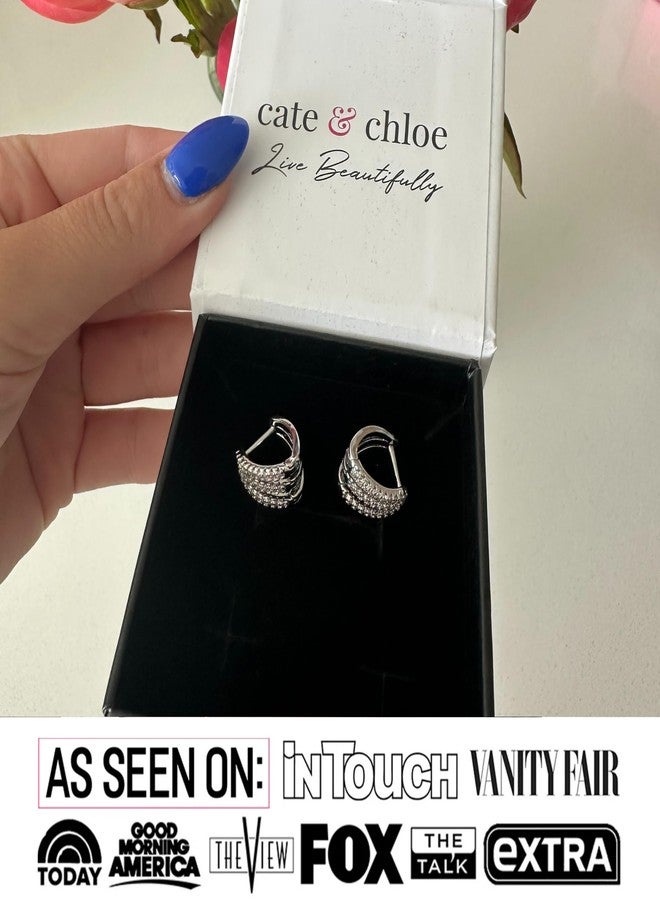 Cate & Chloe Aliyah 18k White Gold-Plated 14mm Pave Huggie Hoop Earrings with Round Cut Simulated Diamond Crystals, Small Silver Hoops for Women, Gift for Her on Christmas, Birthday, and Anniversary - Image 3