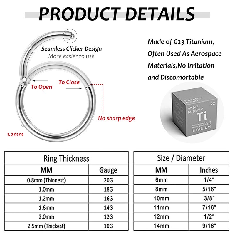 LOYALLOOK G23 Titanium Hinged Clicker Segment Nose Rings Hoop Septum Nose Lip Ring Hoop for Women Men Helix Cartilage Daith Tragus Sleeper Earrings Body Piercing Improved 16G Silver Tone - Image 4
