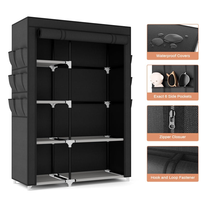 VTRIN Wardrobe Closet, 41.7 Inch Wide Portable Closets for Hanging Clothes with 1 Hanging Rod, 6 Shelves, 6 Pockets, Clothes Rack with Cover Portable Wardrobe Closet for Bedroom, Dorm, Black - Image 4