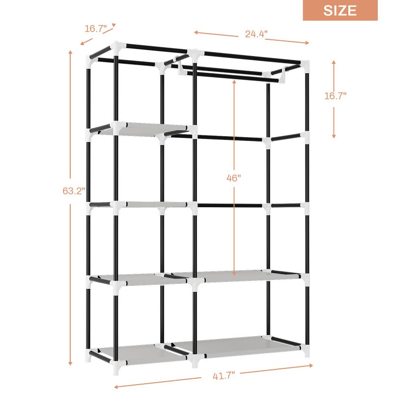 VTRIN Wardrobe Closet, 41.7 Inch Wide Portable Closets for Hanging Clothes with 1 Hanging Rod, 6 Shelves, 6 Pockets, Clothes Rack with Cover Portable Wardrobe Closet for Bedroom, Dorm, Black - Image 3