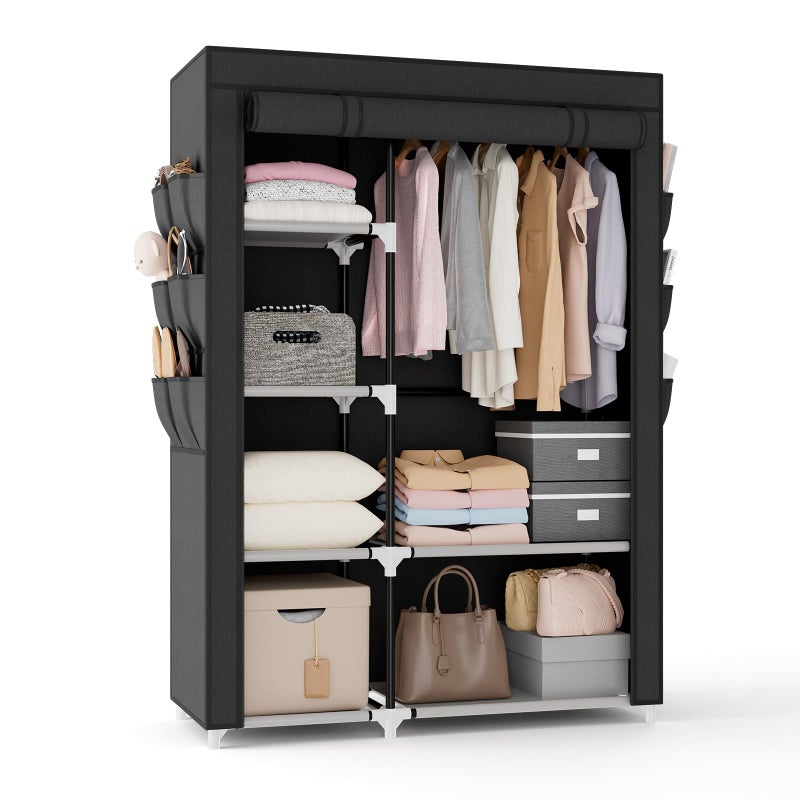 VTRIN Wardrobe Closet, 41.7 Inch Wide Portable Closets for Hanging Clothes with 1 Hanging Rod, 6 Shelves, 6 Pockets, Clothes Rack with Cover Portable Wardrobe Closet for Bedroom, Dorm, Black - Image 1