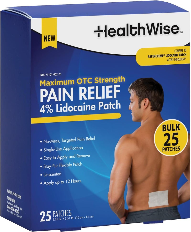 HealthWise 4 Lidocaine Pain Relief Patch Maximum OTC Strength 25Count 393 x 551 Soothes Minor Aches and Pains Odor Free Topical Anesthetic Easy to Apply Flexible Adhesive - Image 1
