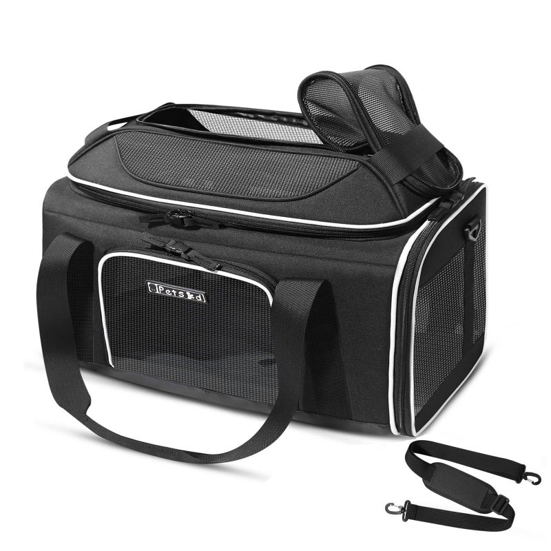 Petskd Top-Expandable Pet Carrier 17x12x8.5 Inches JetBlue Allegiant Spirit Airline Approved, Soft-Sided Carrier for Small Cats and Dogs with Locking Safety Zippers and Anti-Scratch Mesh(Black) - Image 1